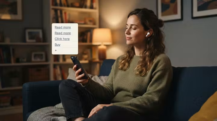 A woman relaxes on a couch listening through wireless earbuds, phone in hand, eyes closed. A UI overlay shows the only links a screen reader would announce on that page: 'Read more', 'Read more', 'Click here', 'Buy', '+' — none naming what they lead to.